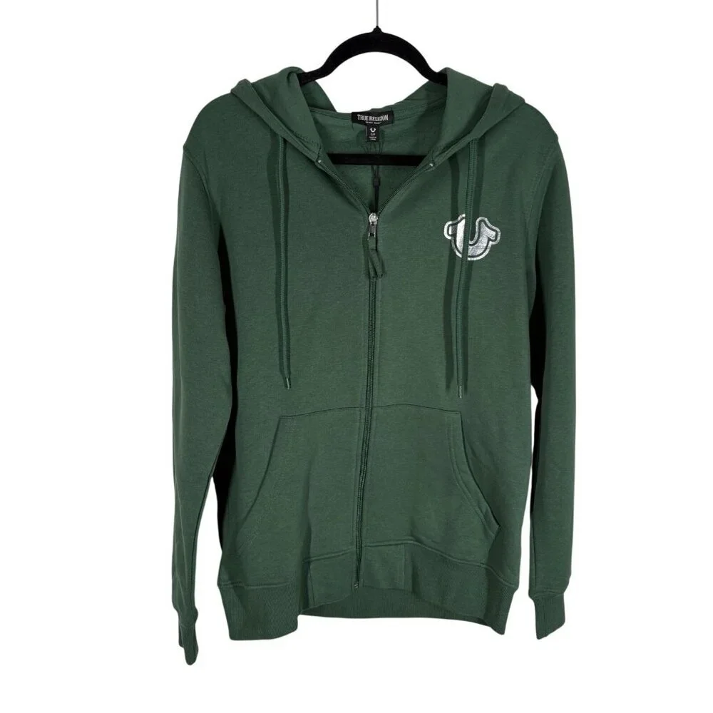 True Religion Men S Dark Green Fleece Buddha Logo Foil Triology Zip Hoodie NWT